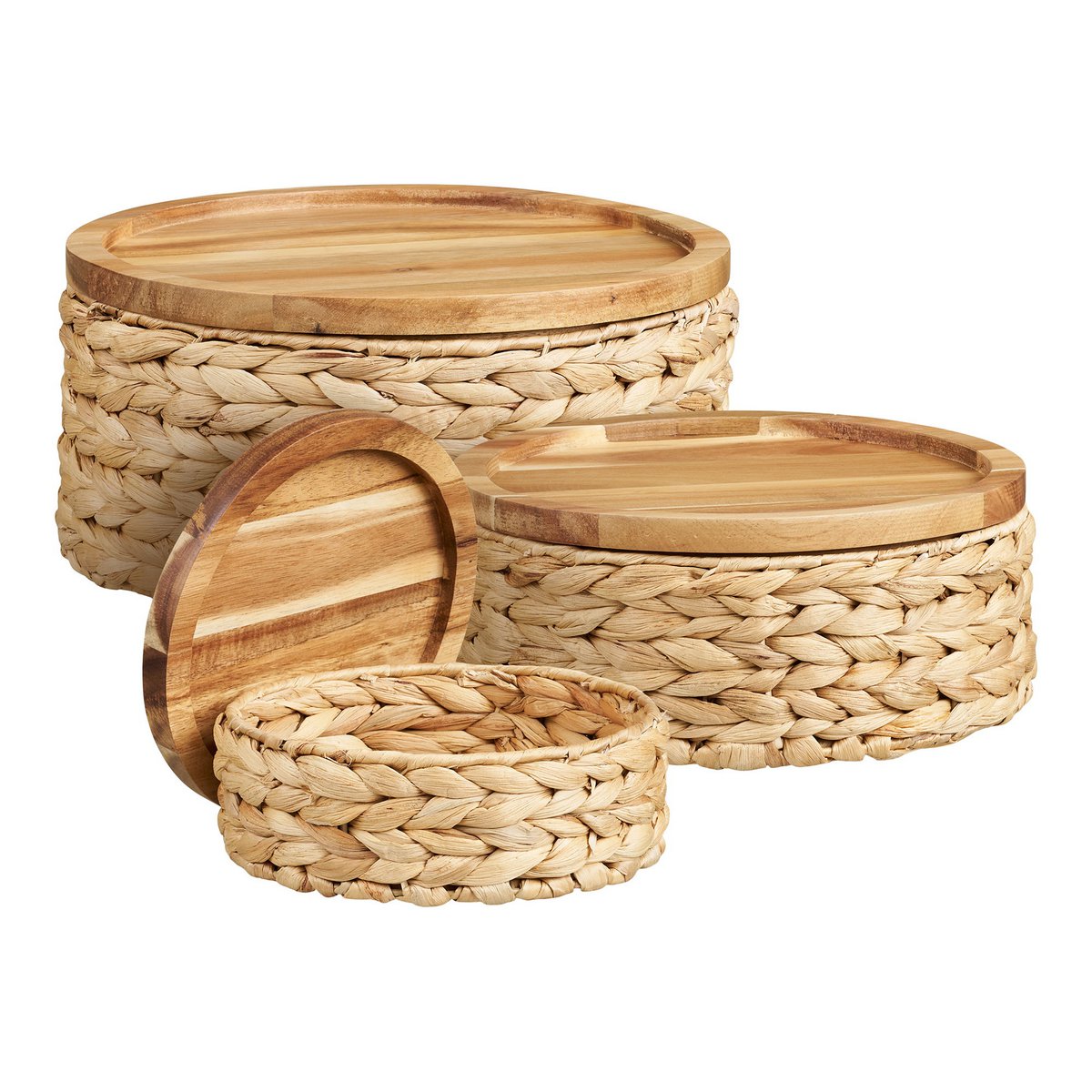 Botofte Manden met houten deksel, waterhyacint, naturel, set van 3