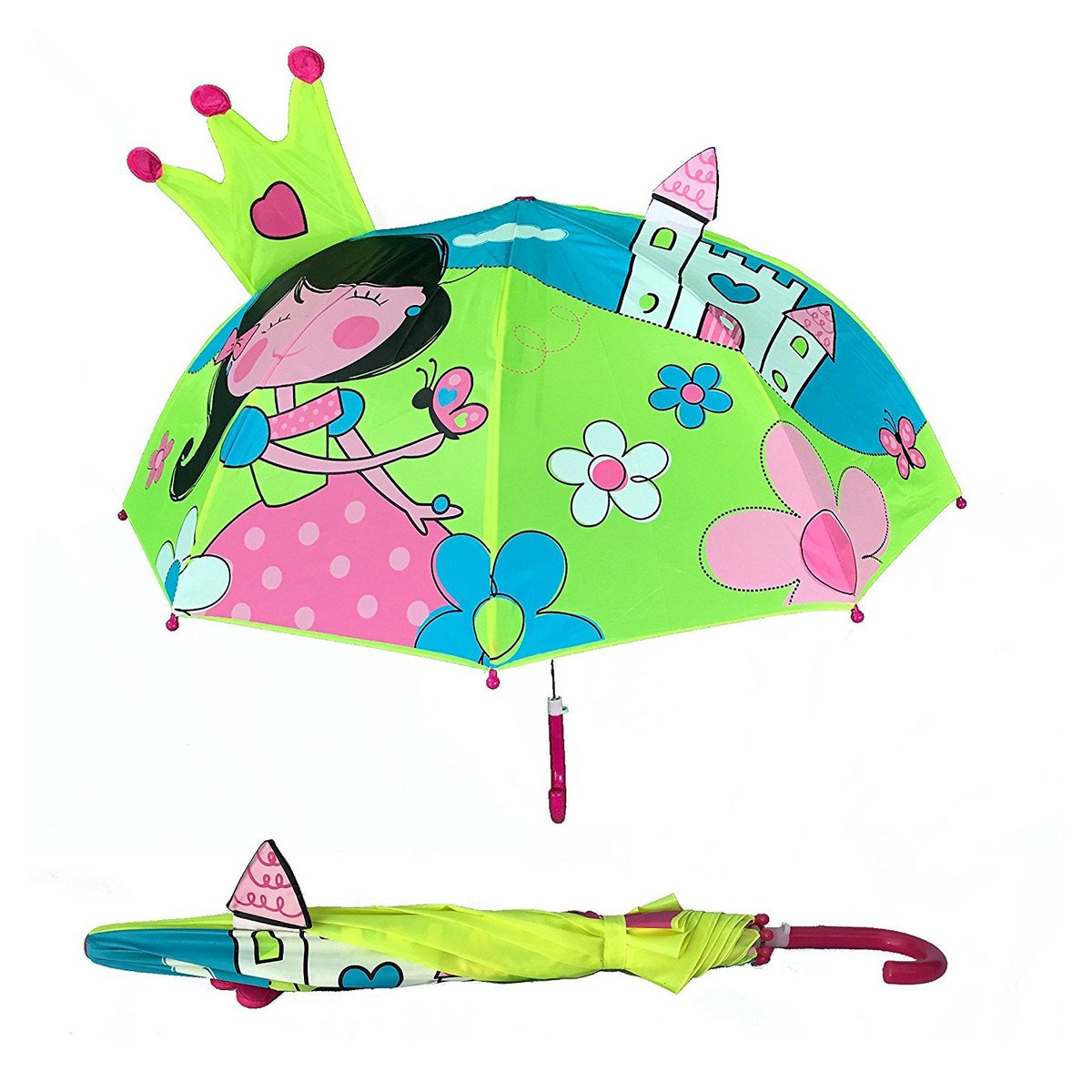 Kinderparaplu Groen Geel Met 3D Kroonmotief Voor Prinsesje