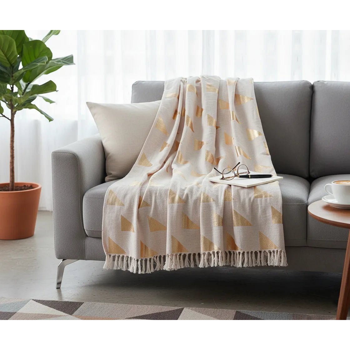 Plaid 130x170 cm katoen perzik geometrisch