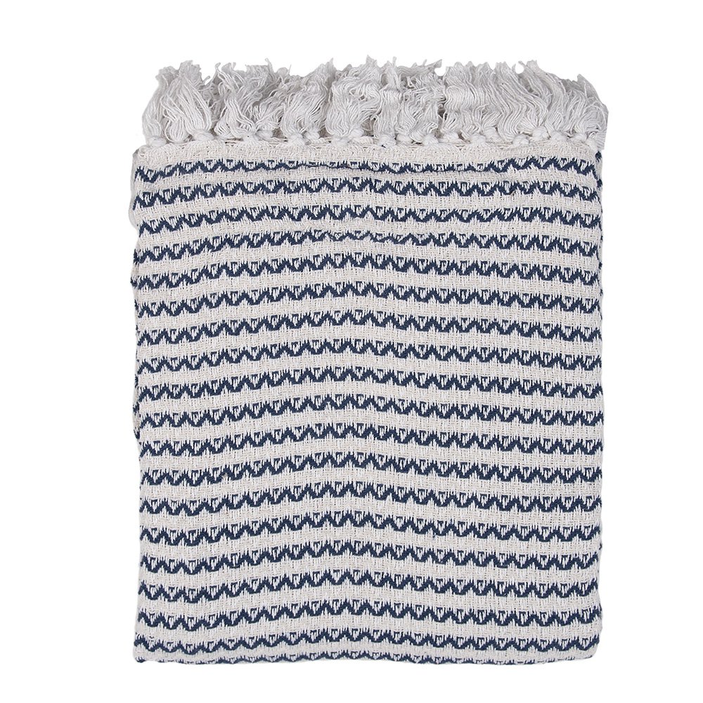 Plaid 125x150 cm katoen beige blauw zigzag
