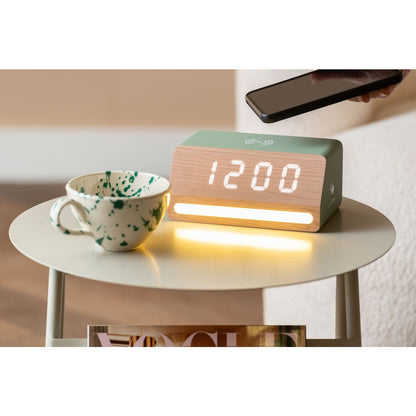 Wekker hout groen LED 17x8 cm