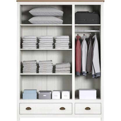 Kledingkast massief dennenhout wit bruin 136x185x54 cm