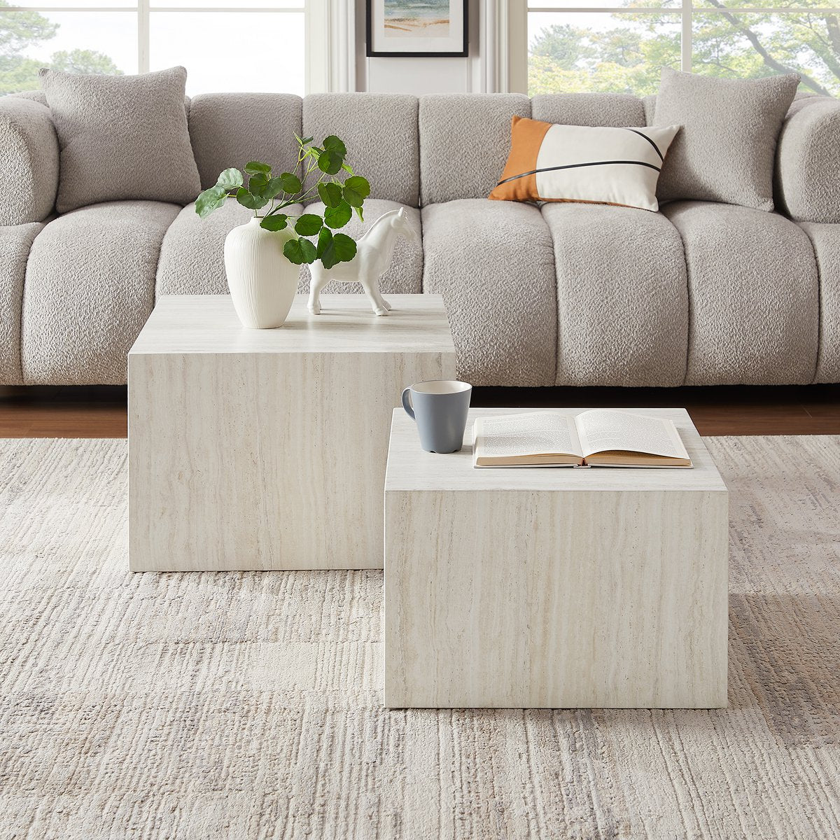 Salontafel travertin look 2 stuks 58x58x40 cm