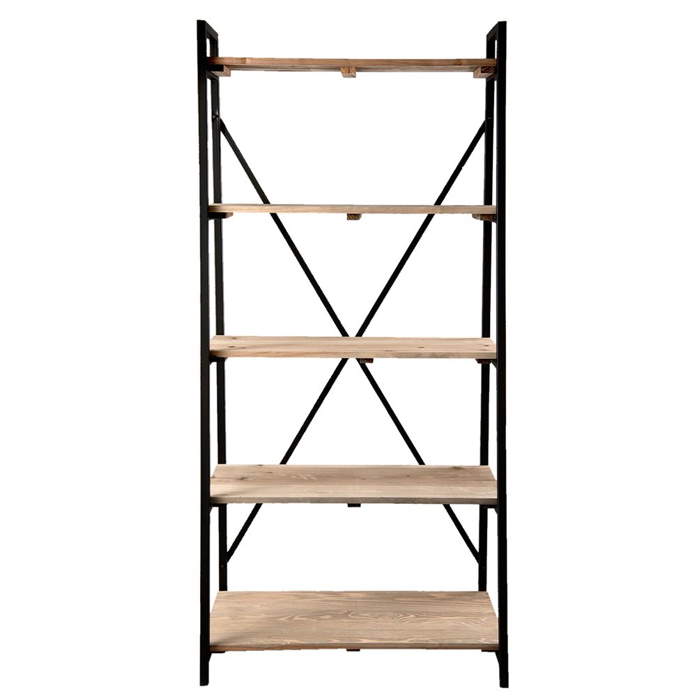 Boekenrek Zwart, Hout en IJzer 90x47x191 cm