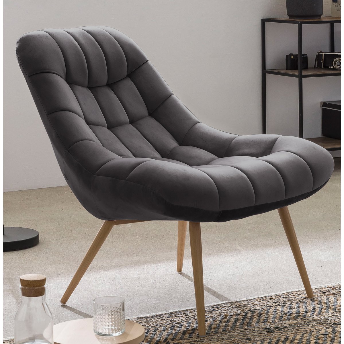 Fauteuil XXL Fluweel Grijs Metalen Poten Houtlook Design