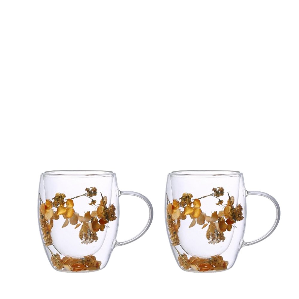 Theekopjes dubbelwandig 350 ml goud bloemen set 2