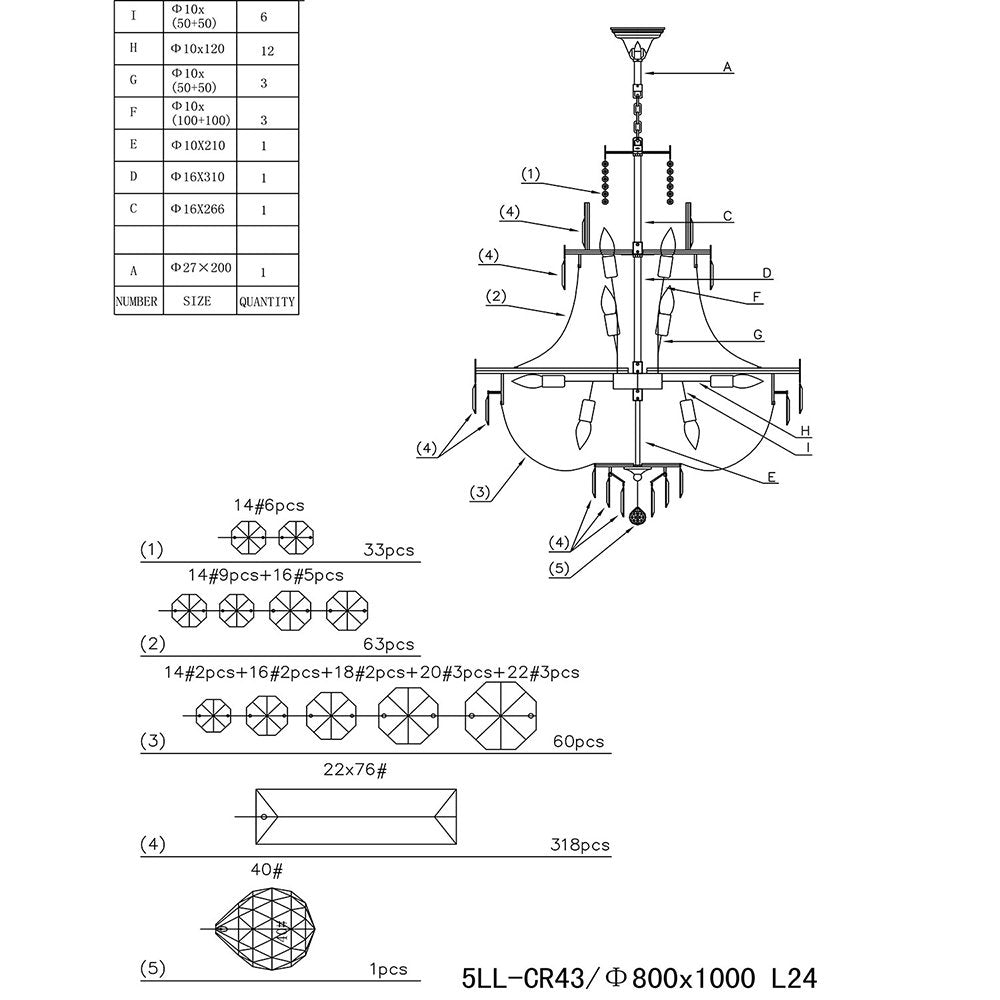 Kroonluchter Ø 80 cm 105-220 cm transparant ijzer
