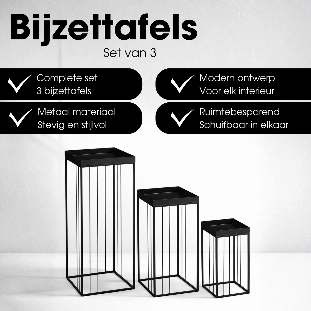Bijzettafel set 3 stuks ijzer zwart