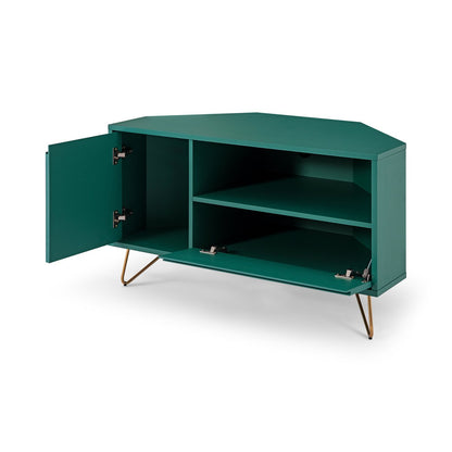 Corner TV lowboard with drawer, folding compartment and open compartment