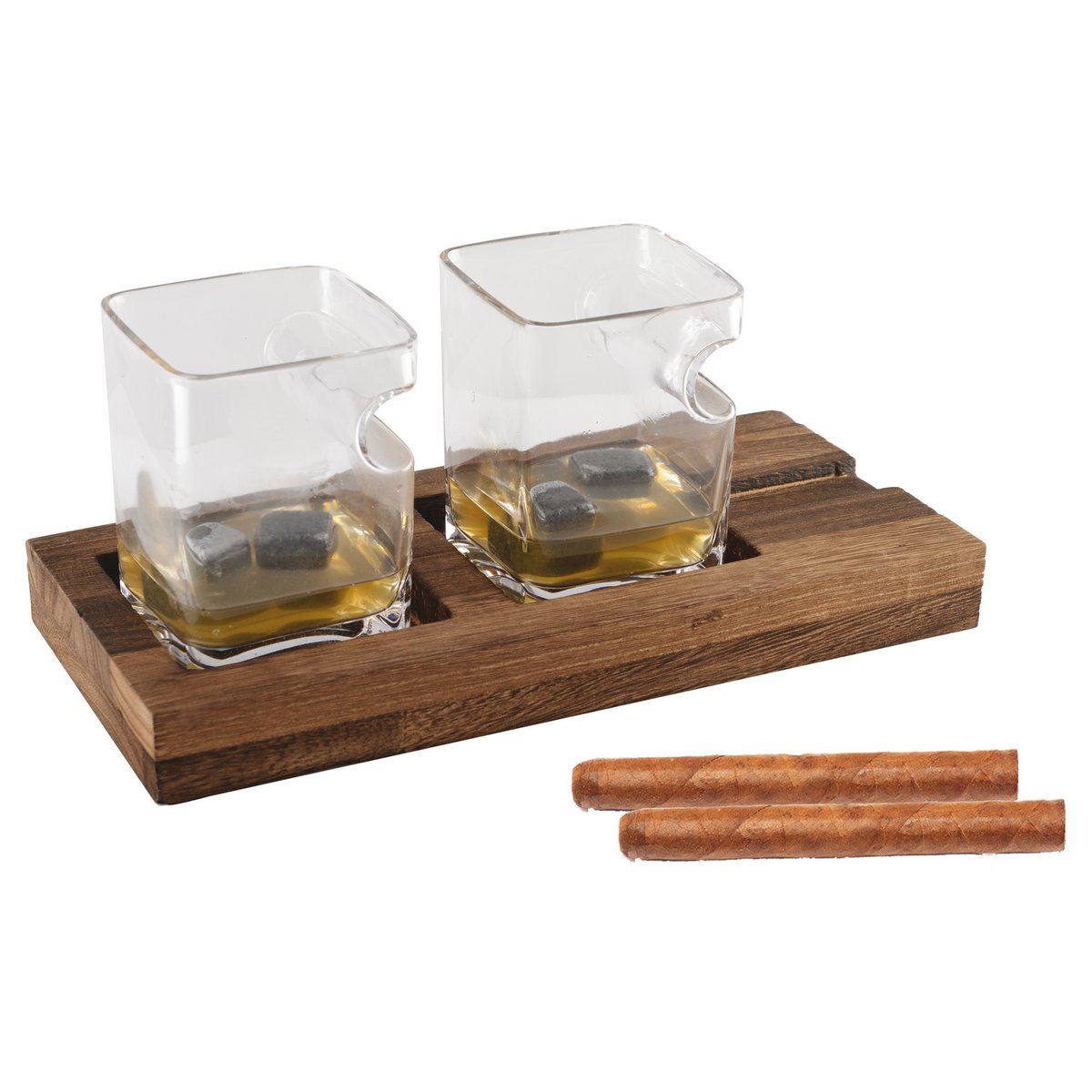 Whiskyset 2 glazen met houten steun en 4 keramische ijsblokjes