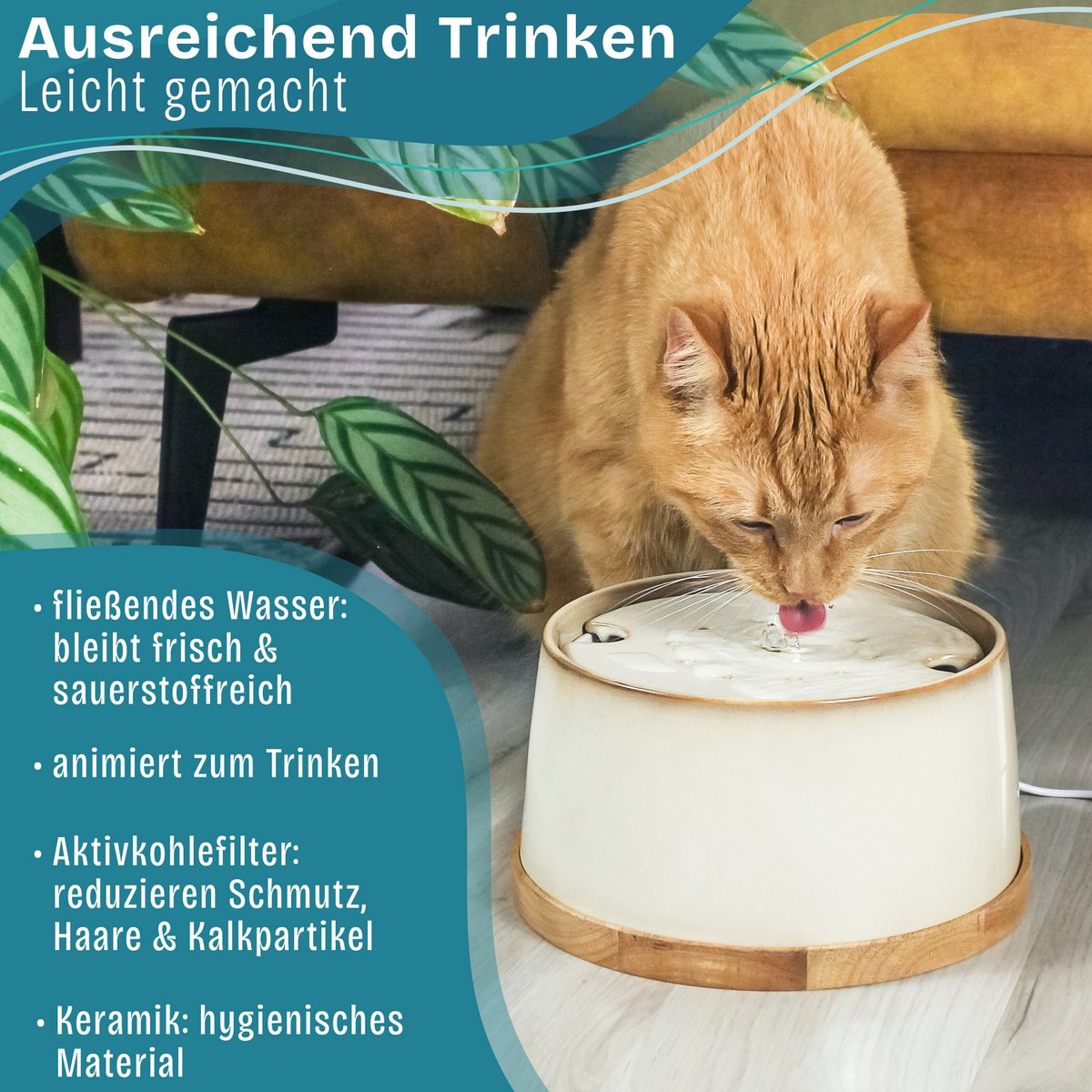 Drinkfontein kat keramiek bamboe 1.5L stil