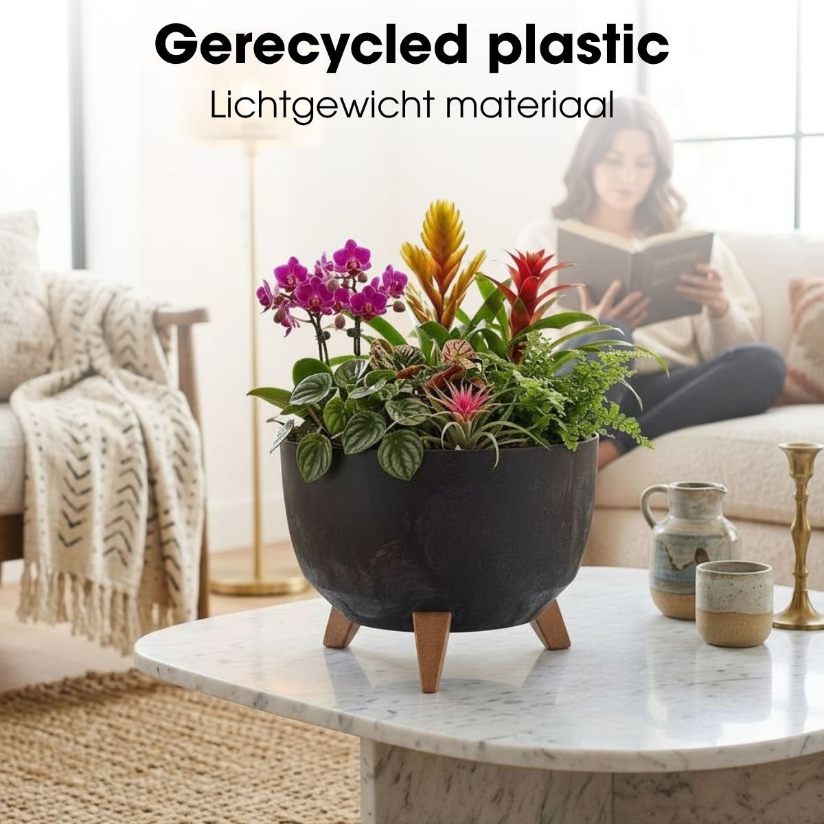 Plantenbak 33x18.5 cm zwart gerecycled plastic op poten