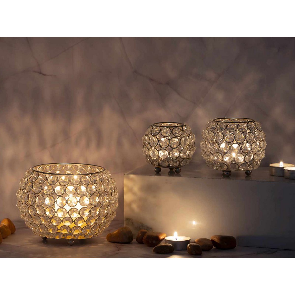 Tealight houder set 3 delig kristal goud zilver