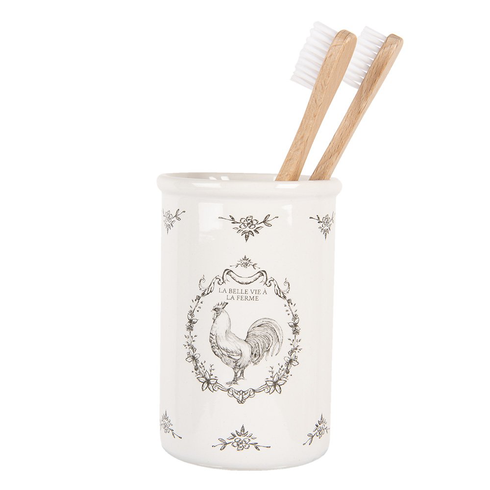 Toothbrush holder Ø 8x12 cm White Ceramic Rooster