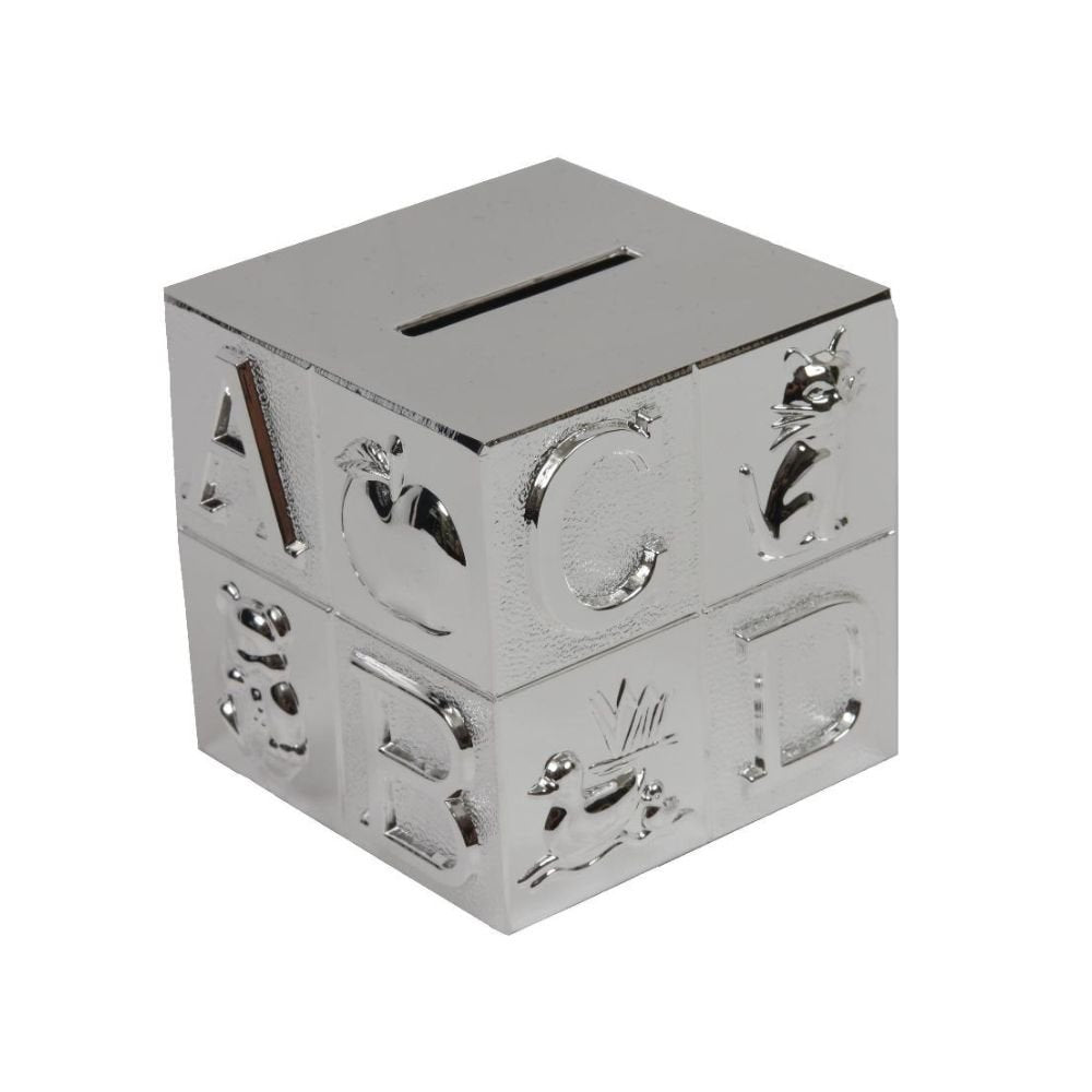 Spaarvarken ABC zilver metaal 7,5x7,5 cm