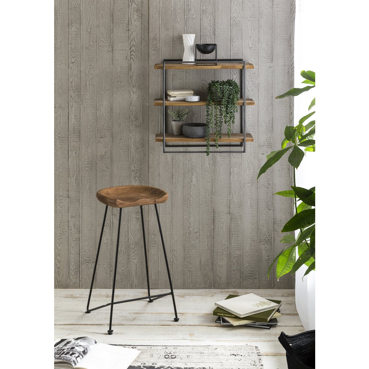 Barkruk acaciahout metaal 42x38x76 cm