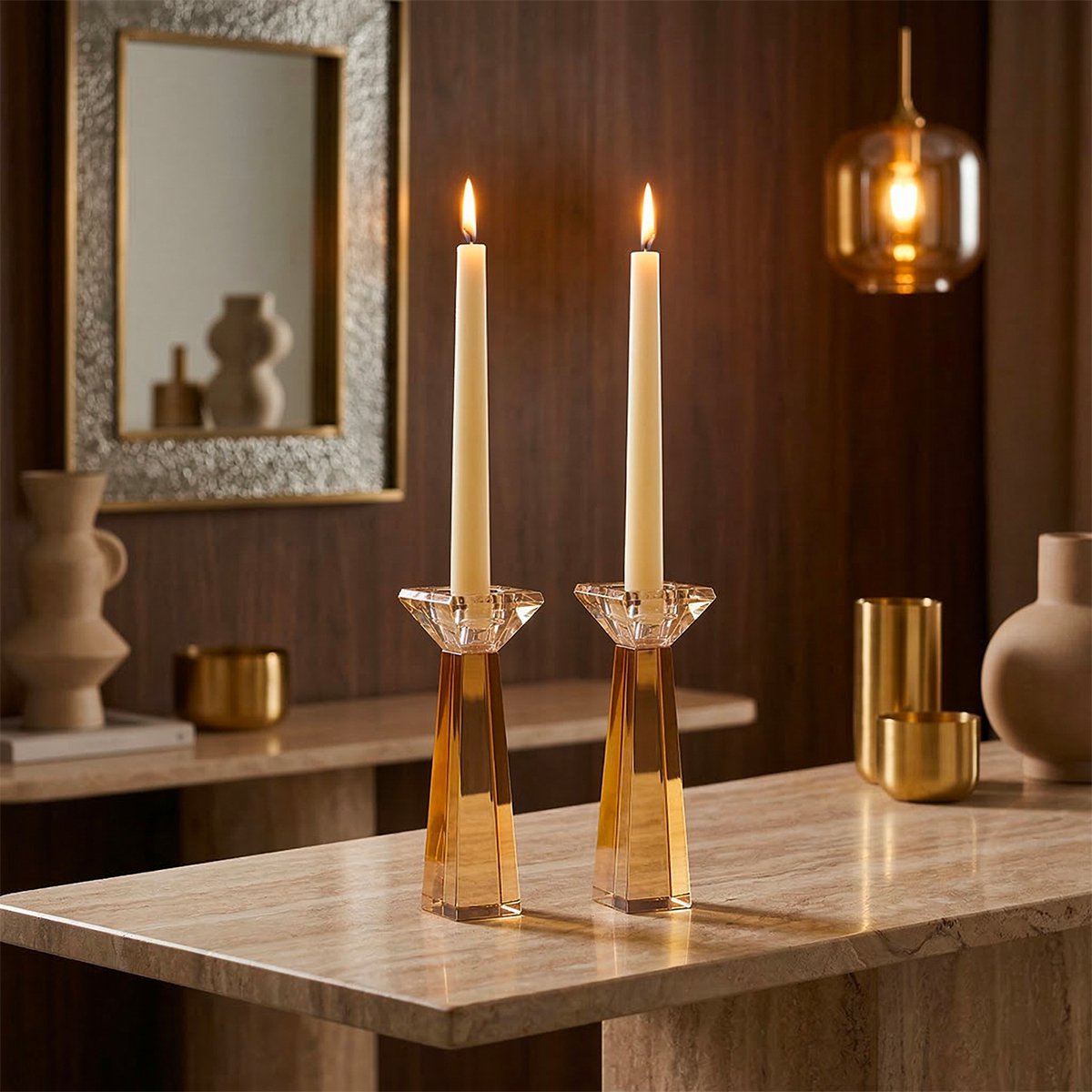Kandelaars amber glas set van 2 h16cm