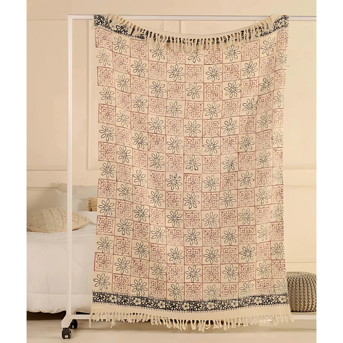 Plaid 130x180 cm katoen beige bloemenprint franje