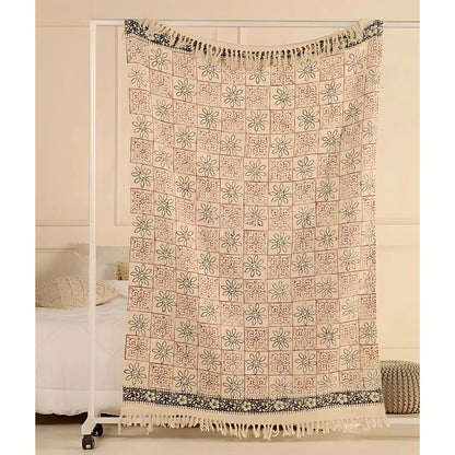 Plaid 130x180 cm katoen beige bloemenprint franje