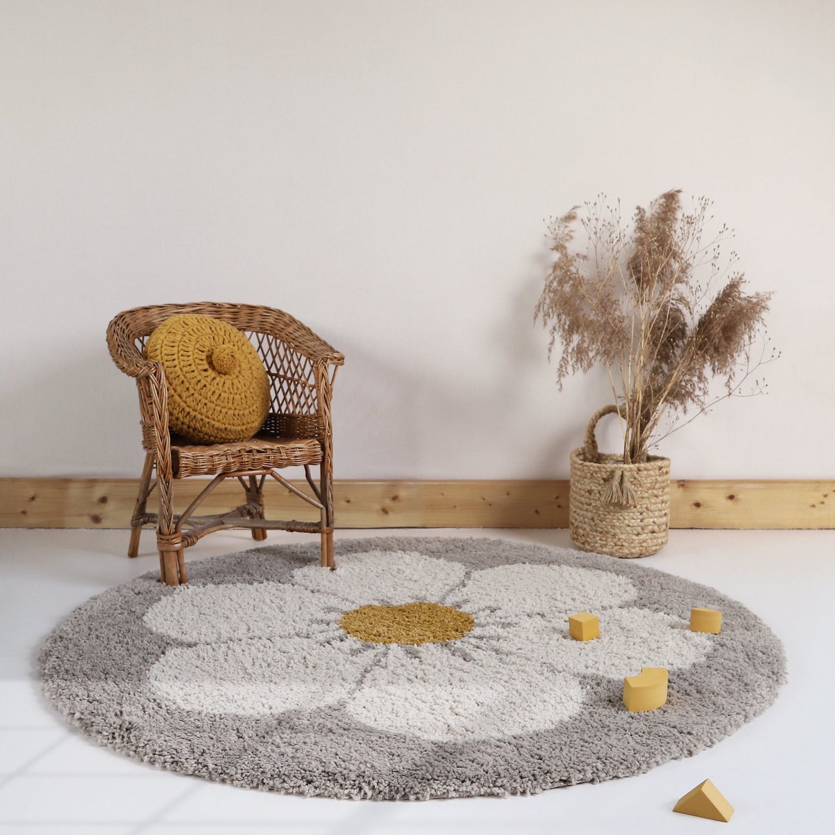 Vloerkleed rond 120 cm beige madeliefje