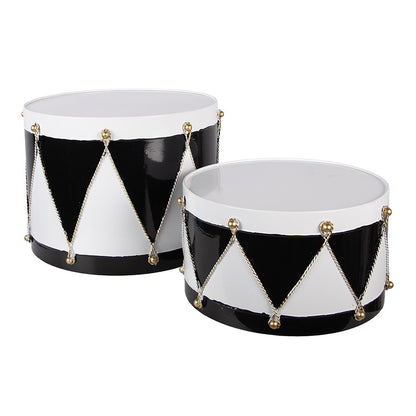 Kerstdecoratie trommels set 2 stuks wit zwart metaal