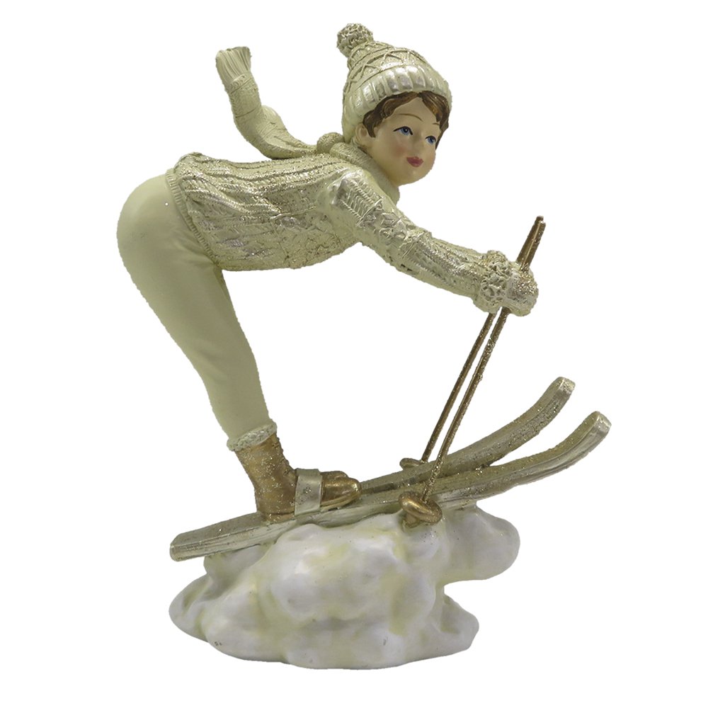 Beeld skiënd kind 19 cm beige goudkleurig kunststof