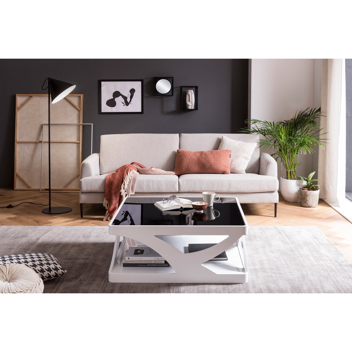 Salontafel 90x90x38 cm wit zwart MDF glas