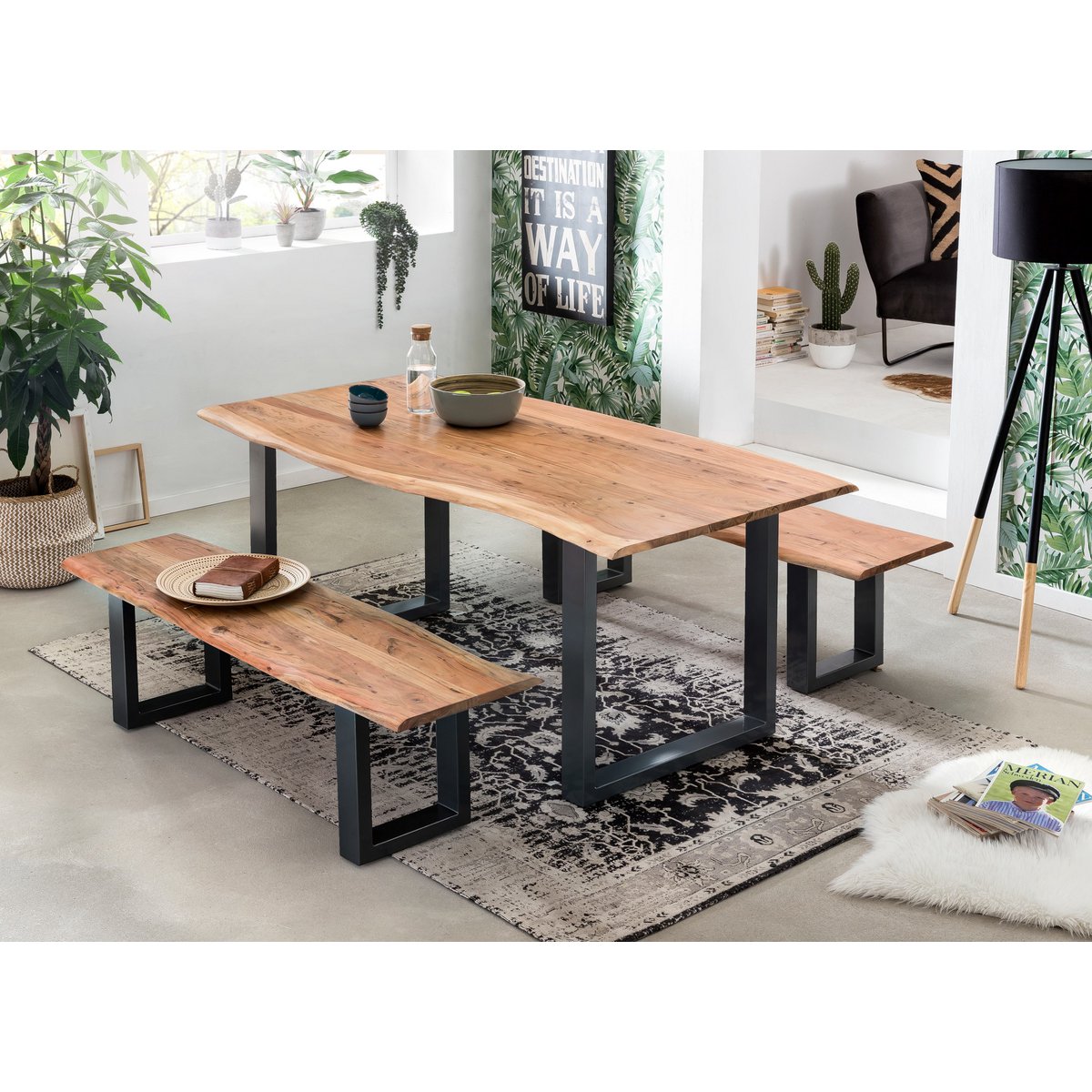 Eetkamerbank 150 cm massief acacia naturel zwart frame