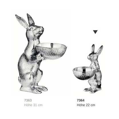 EDZARD konijn met kom Bert, konijnenfiguur met kom, hoogte 22 / 31 cm, aluminium vernikkeld zilver