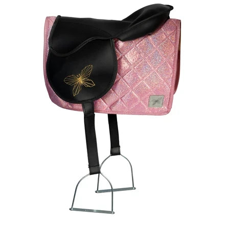 Stokpaard zadeldekje en mutsje roze glitterstof