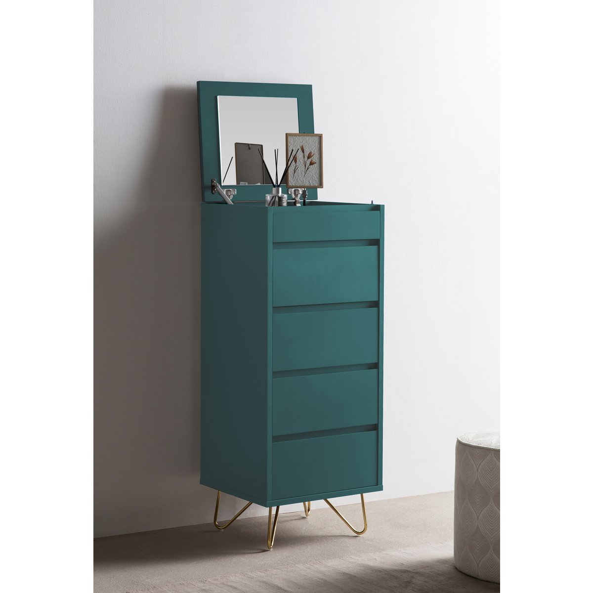 Ladekast 45x40x110 cm blauw met spiegel MDF metaal