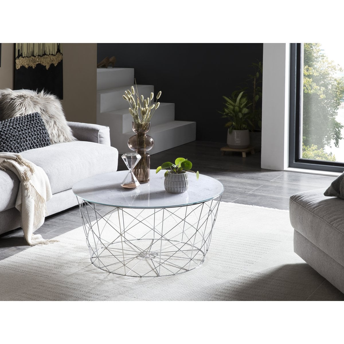 Salontafel Ø 80 cm glas marmerlook metaal