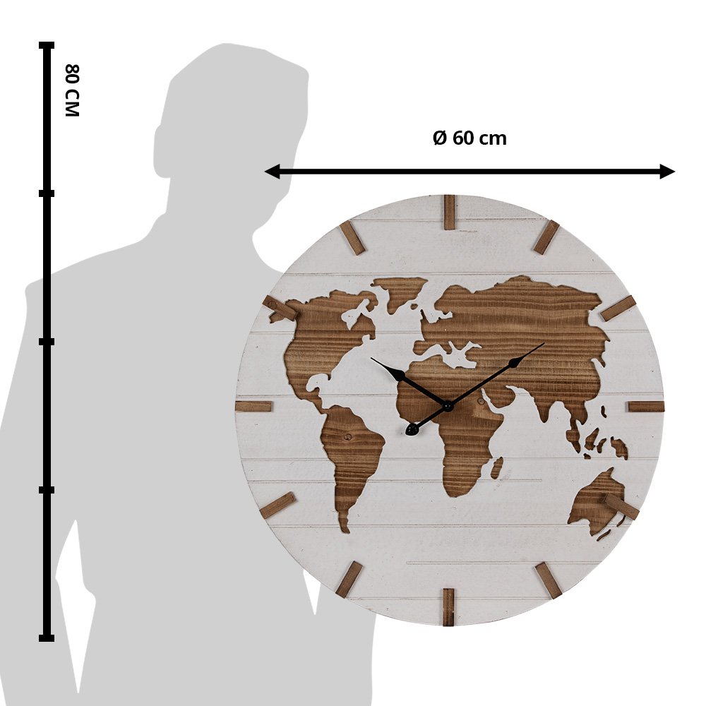 Wandklok Ø 60 cm MDF wereldkaart wit bruin