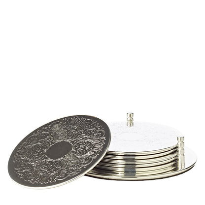 Onderzetters set 6 stuks verzilverd glas Ø12 cm met houder