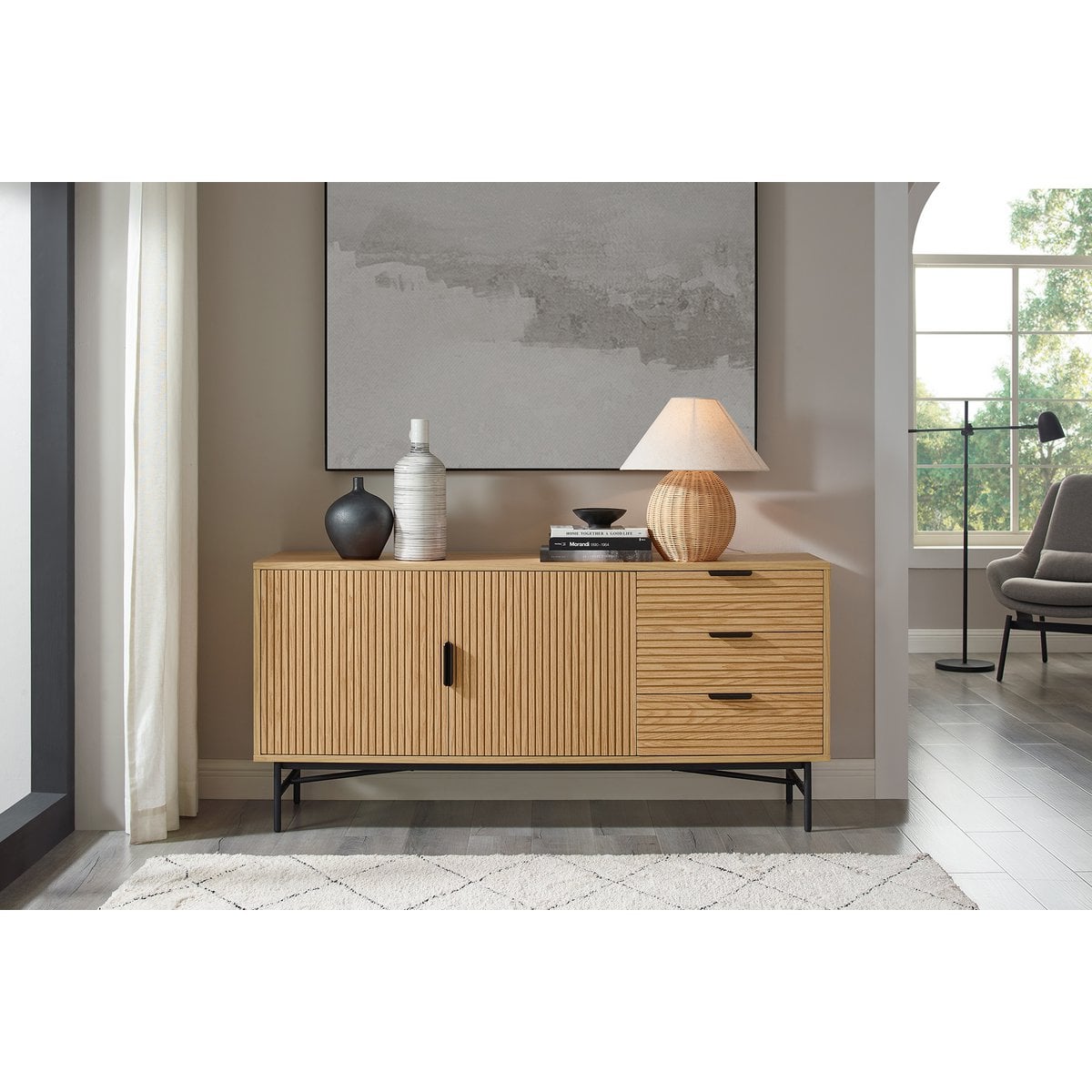 Dressoir 160 cm eikenhoutfineer zwart metaal