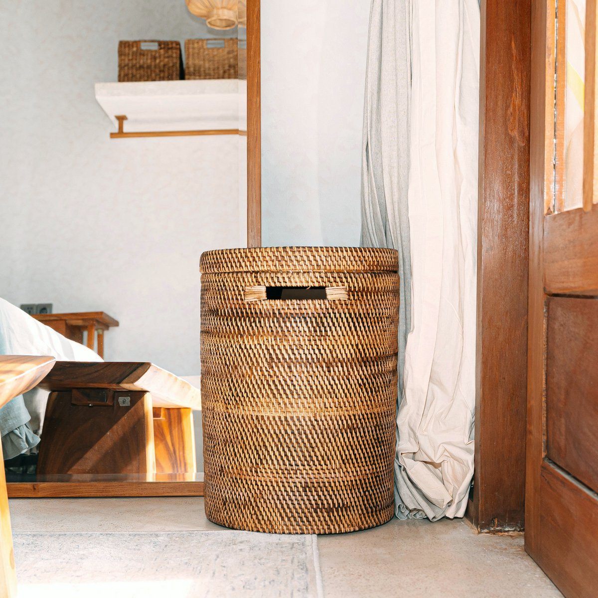 Grote Wasmand Met Deksel Geweven Ronde Bruine Boho Mand