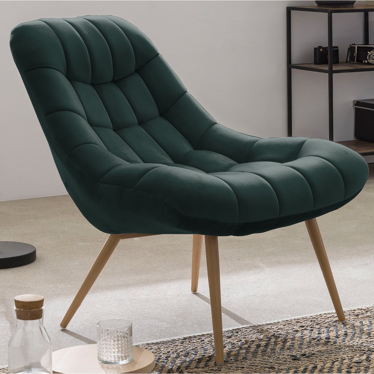 Fauteuil XXL Fluweel Groen Metaal Houtlook Scandinavisch