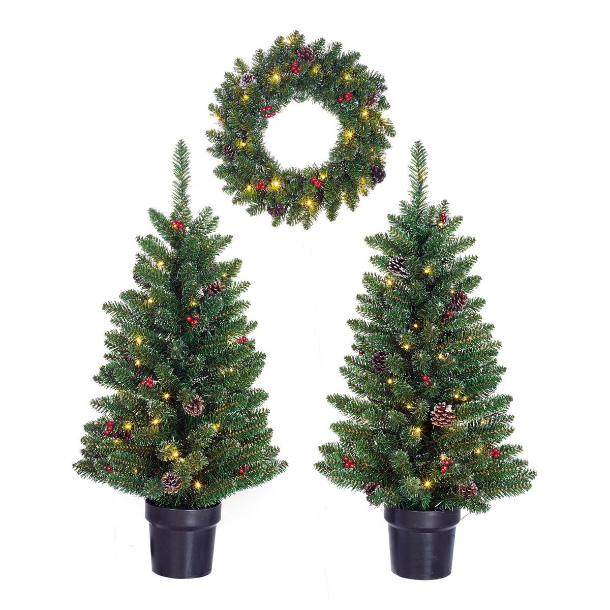 Kerstboom en krans set met LED verlichting groen