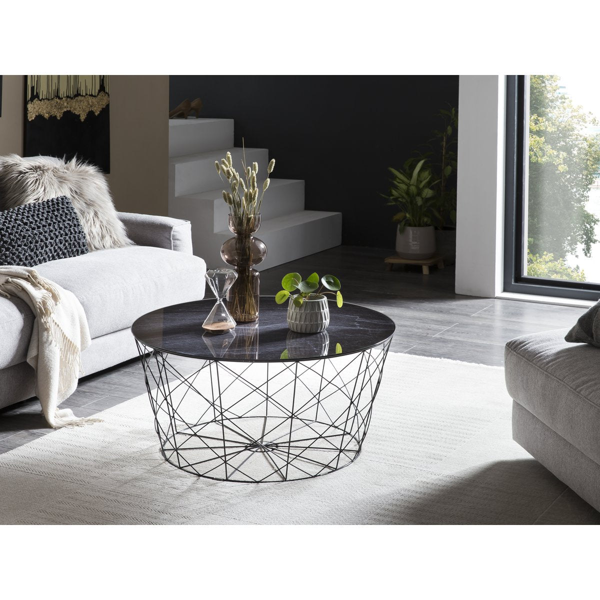 Coffee table with metal basket Ø 80 cm