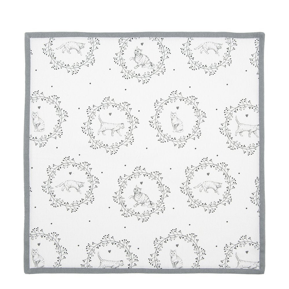 Servetten katoen set van 6 wit grijs kattenpatroon 40x40 cm