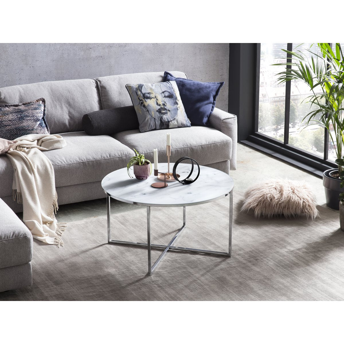 Salontafel Ø 80x45 cm glas wit marmerlook metaal zilver