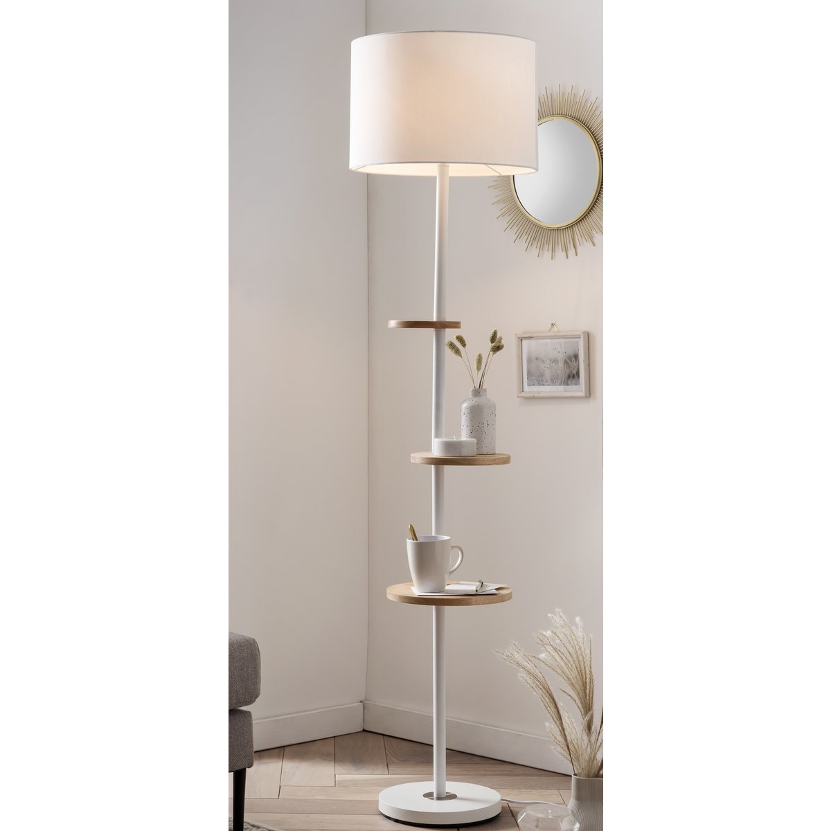 Staande lamp met 3 planken 153 cm wit hout