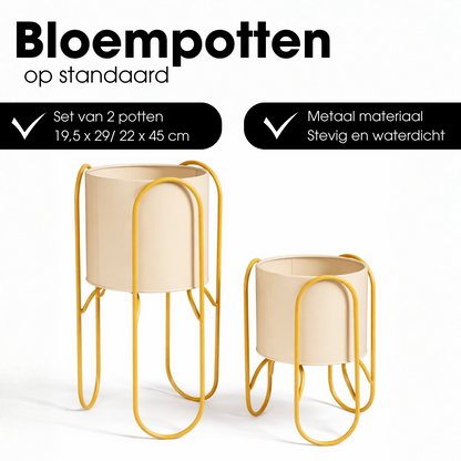Bloempot op standaard set van 2 geel metaal