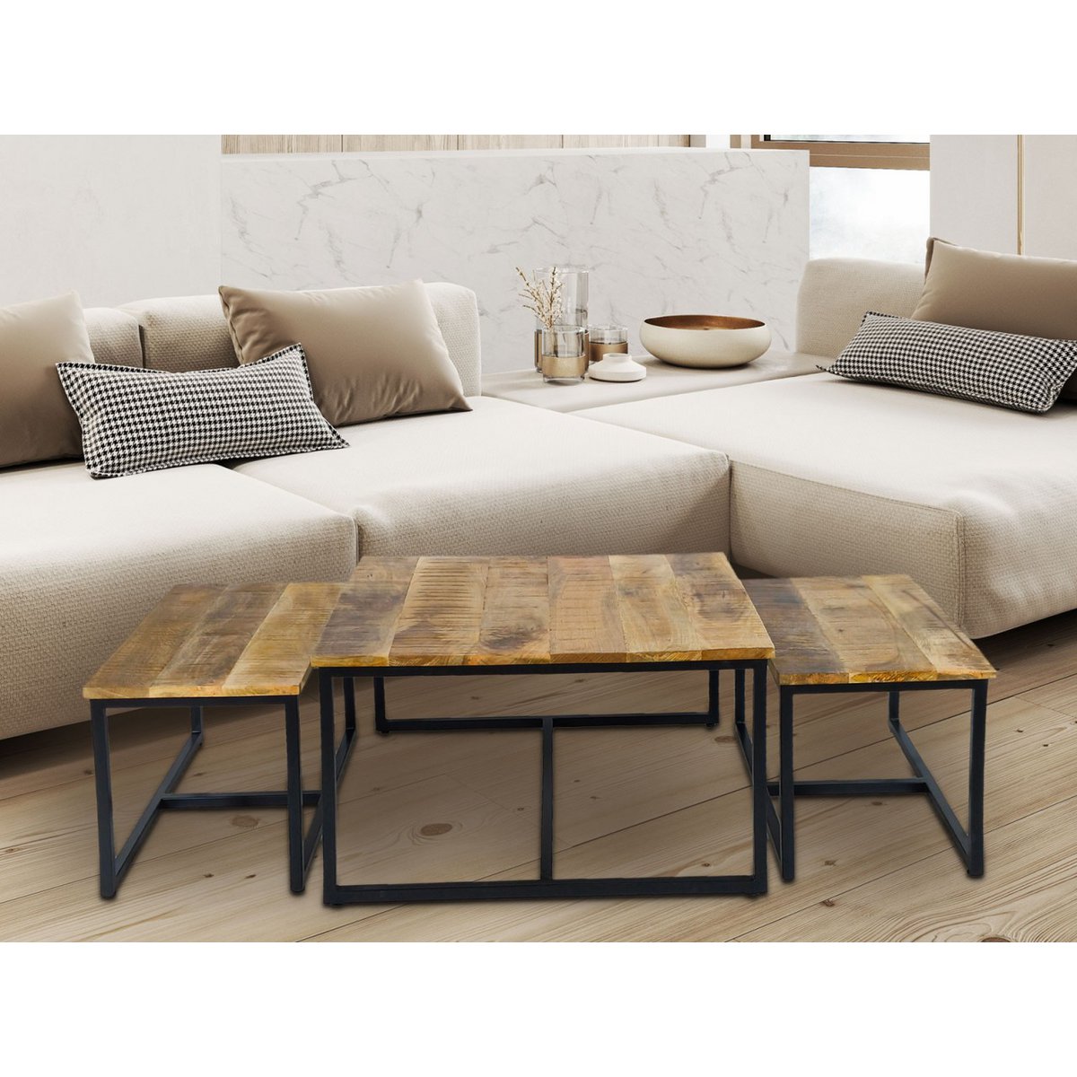 Salontafelset 3 stuks mangohout metaal