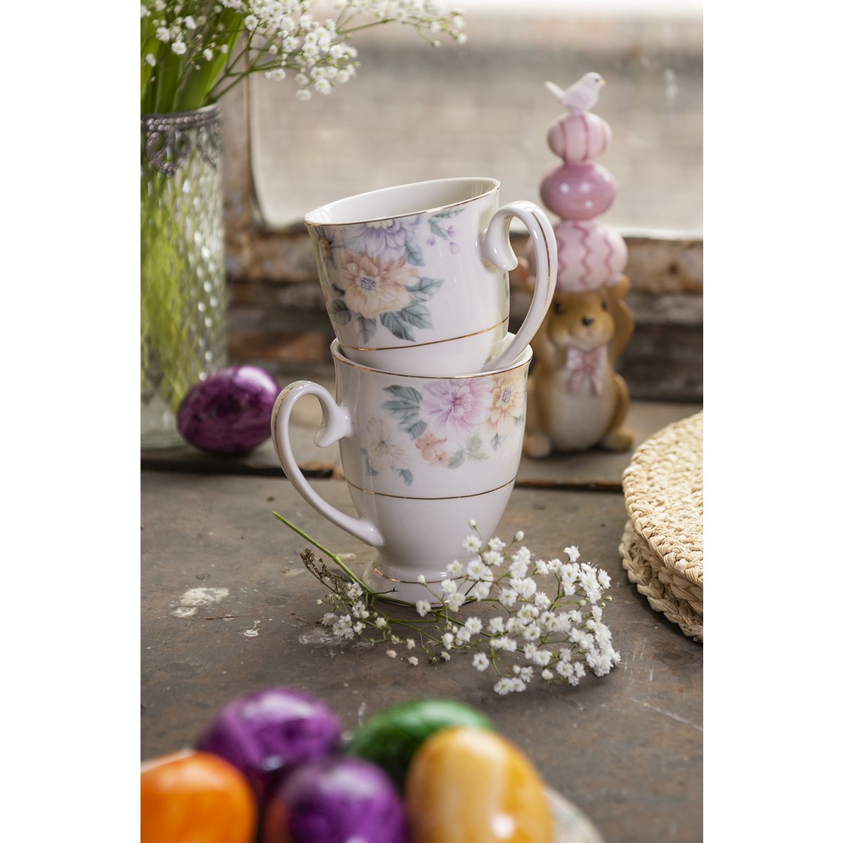 Mok 300 ml beige roze bloemen keramiek