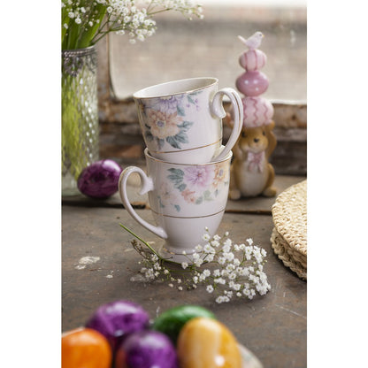 Mok 300 ml beige roze bloemen keramiek