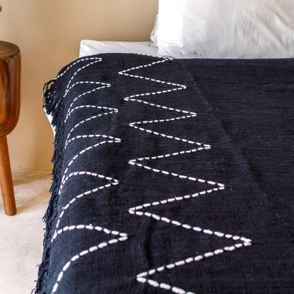 Zwarte Handgeweven Plaid Boho Sprei Franjes Zigzagpatroon