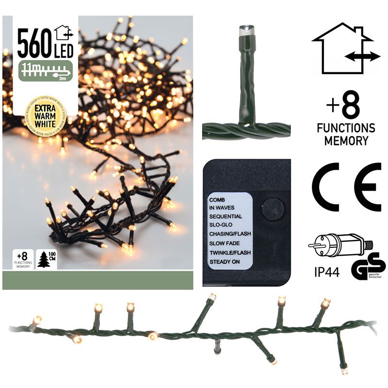Micro Cluster 560 Led's - 11 Meter - Extra Warm Wit - 8 Functies + Geheugen