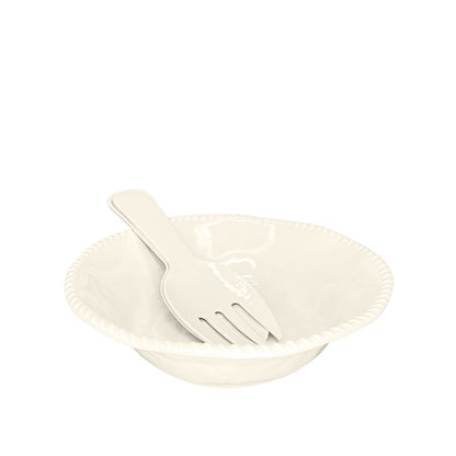 Slakom met saladebestek melamine crème 30.5 cm