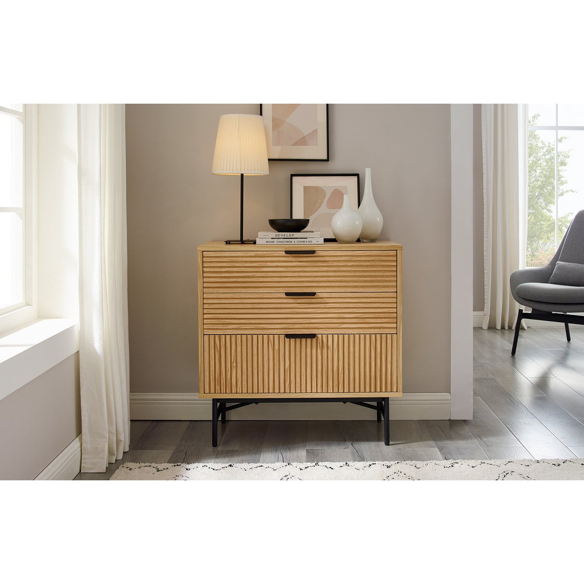 Chest of drawers 80 cm oak real wood veneer